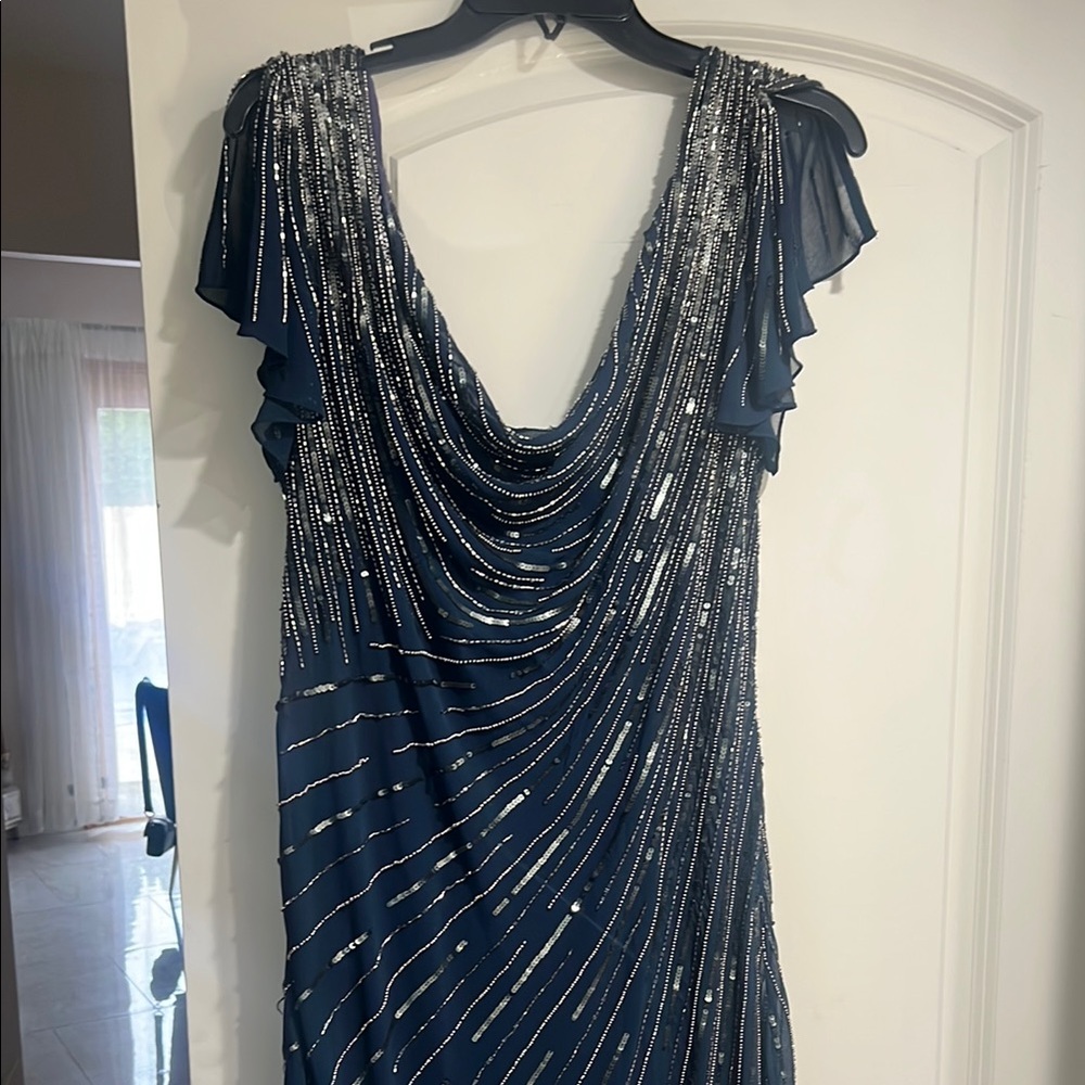 Blue Cowl Neck Ruched Gown with Flutter Sleeves
